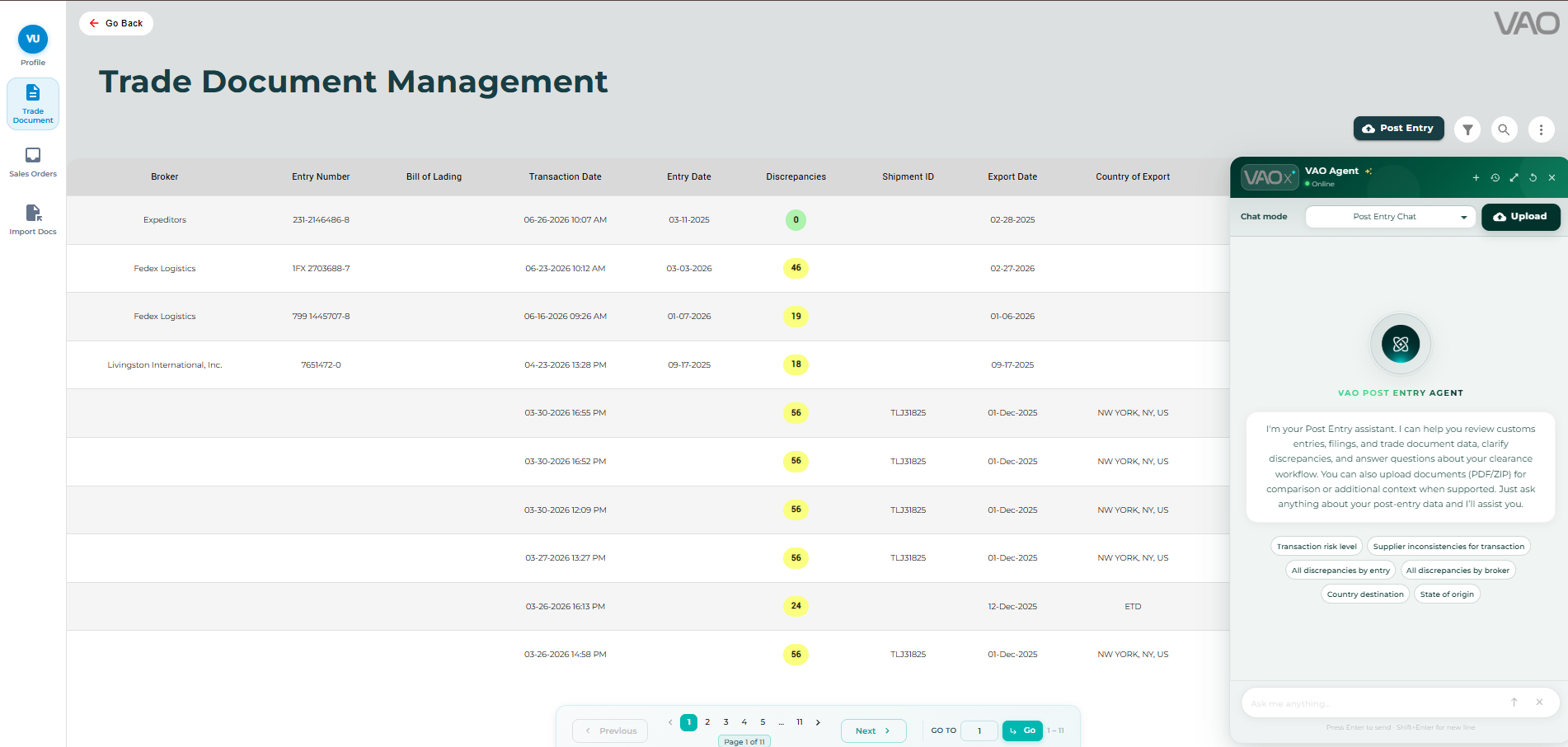 vao trade document management post entry ai agent